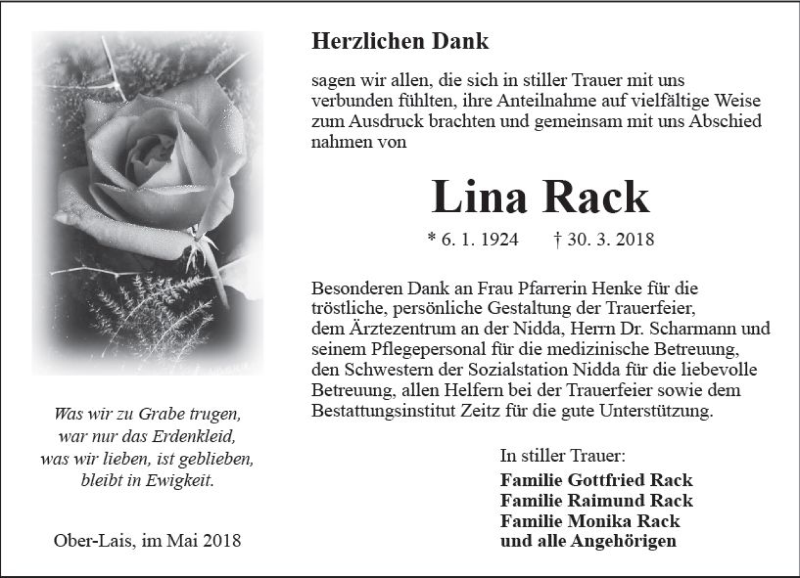  Traueranzeige für Lina Rack vom 05.05.2018 aus  Kreisanzeiger