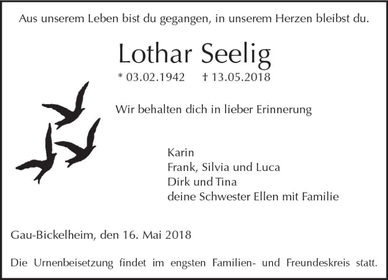  Traueranzeige für Lothar Seelig vom 16.05.2018 aus Trauerportal Rhein Main Presse