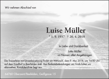 Traueranzeige von Luise Müller von Trauerportal Rhein Main Presse
