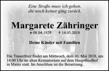 Traueranzeige von Margarete Zähringer von Trauerportal Rhein Main Presse