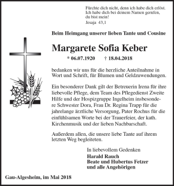 Traueranzeige von Margarete Sofia Keber von Trauerportal Rhein Main Presse