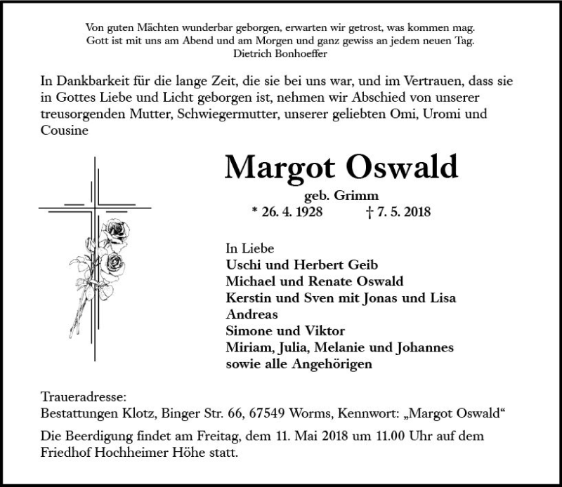  Traueranzeige für Margot Oswald vom 09.05.2018 aus Trauerportal Rhein Main Presse