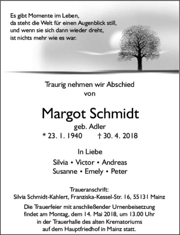 Traueranzeige von Margot Schmidt von Trauerportal Rhein Main Presse