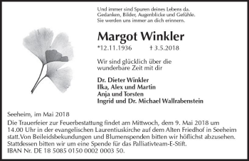 Traueranzeige von Margot Winkler von Trauerportal Rhein Main Presse