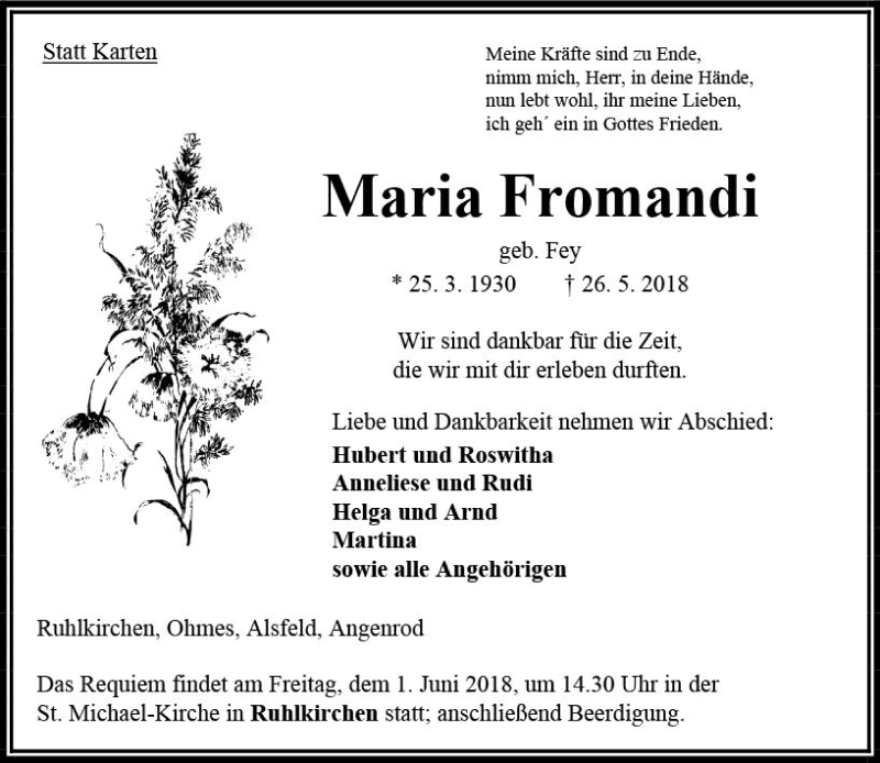  Traueranzeige für Maria Fromandi vom 29.05.2018 aus  Oberhessische Zeitung