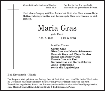 Traueranzeige von Maria Gras von Trauerportal Rhein Main Presse