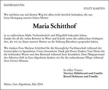 Traueranzeige von Maria Schitthof von Trauerportal Rhein Main Presse