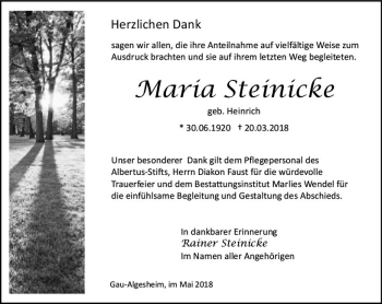 Traueranzeige von Maria Steinicke von Trauerportal Rhein Main Presse
