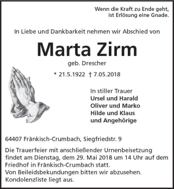 Traueranzeige von Marta Zirm von Trauerportal Rhein Main Presse