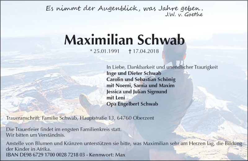  Traueranzeige für Maximilian Schwab vom 05.05.2018 aus Trauerportal Rhein Main Presse