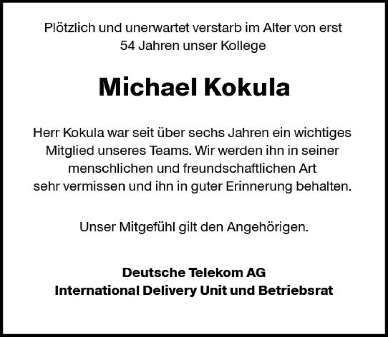  Traueranzeige für Michael Kokula vom 19.05.2018 aus Trauerportal Rhein Main Presse