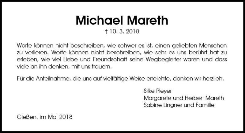  Traueranzeige für Michael Mareth vom 05.05.2018 aus  Gießener Anzeiger