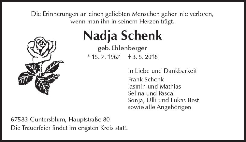  Traueranzeige für Nadja Schenk vom 07.05.2018 aus Trauerportal Rhein Main Presse