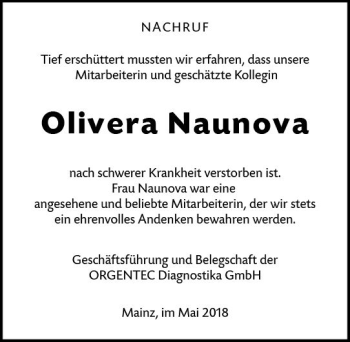 Traueranzeige von Olivera Naunova von Trauerportal Rhein Main Presse