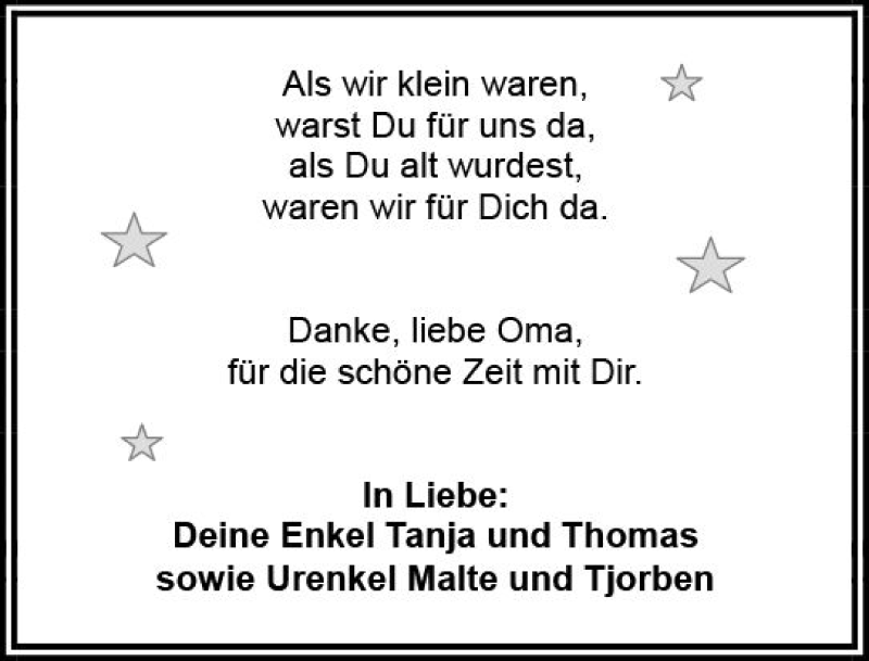  Traueranzeige für Oma  vom 09.05.2018 aus  Kreisanzeiger