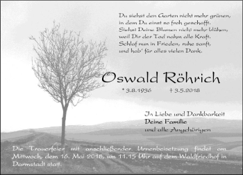 Traueranzeige von Oswald Röhrich von Trauerportal Rhein Main Presse