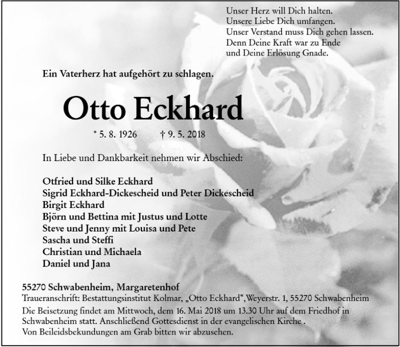  Traueranzeige für Otto Eckhard vom 15.05.2018 aus Trauerportal Rhein Main Presse