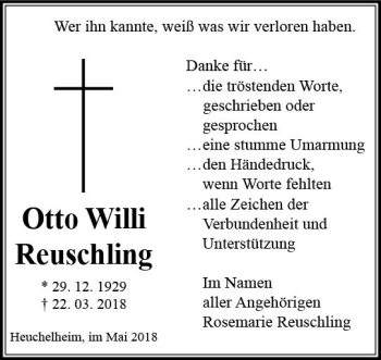 Traueranzeige von Otto Willi Reuschling von  Gießener Anzeiger