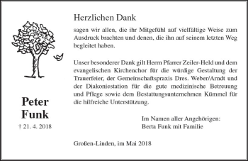 Traueranzeige von Peter Funk von  Gießener Anzeiger