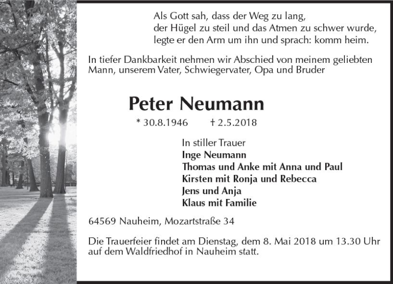  Traueranzeige für Peter Neumann vom 05.05.2018 aus Trauerportal Rhein Main Presse
