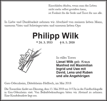 Traueranzeige von Philipp Wilk von Trauerportal Rhein Main Presse