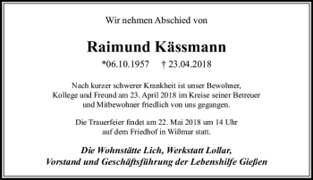 Traueranzeige von Raimund Kässmann von  Gießener Anzeiger