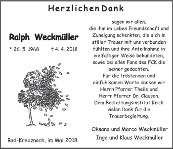 Traueranzeige von Ralph Weckmüller von Trauerportal Rhein Main Presse