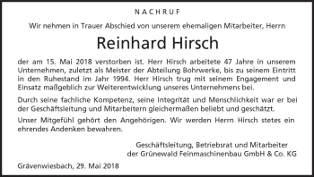 Traueranzeige von Reinhard Hirsch von  Usinger Anzeiger