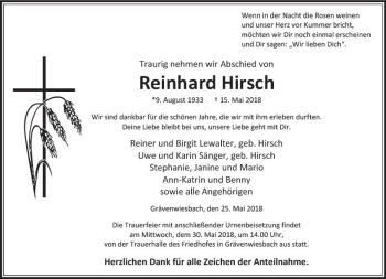 Traueranzeige von Reinhard Hirsch von  Usinger Anzeiger