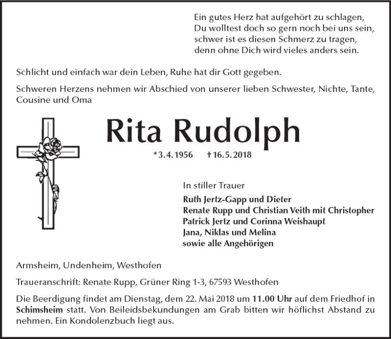  Traueranzeige für Rita Rudolph vom 18.05.2018 aus Trauerportal Rhein Main Presse