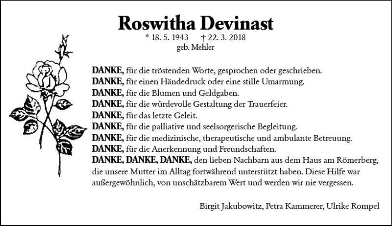  Traueranzeige für Roswitha Devinast vom 05.05.2018 aus Trauerportal Rhein Main Presse