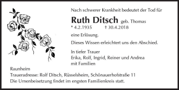 Traueranzeige von Ruth Ditsch von Trauerportal Rhein Main Presse