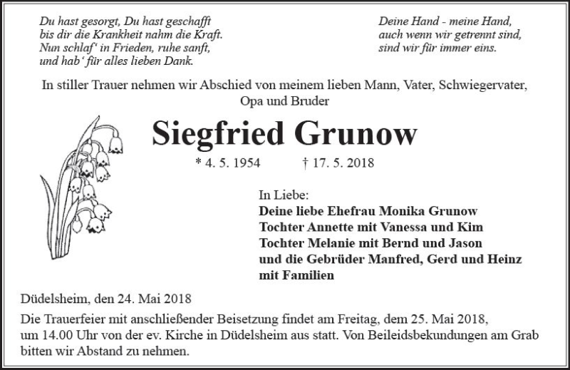  Traueranzeige für Siegfried Grunow vom 24.05.2018 aus  Kreisanzeiger