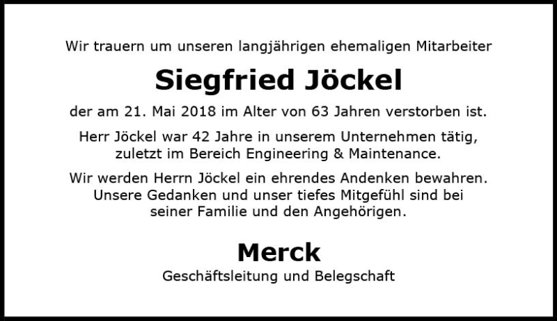  Traueranzeige für Siegfried Jöckel vom 26.05.2018 aus Trauerportal Rhein Main Presse