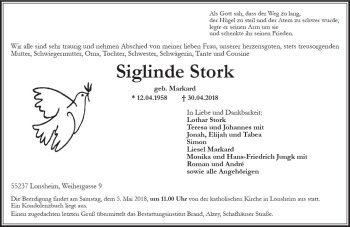 Traueranzeige von Siglinde Stork von Trauerportal Rhein Main Presse