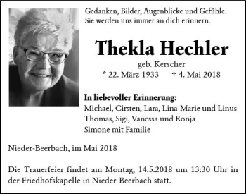 Traueranzeige von Thekla Hechler von Trauerportal Rhein Main Presse