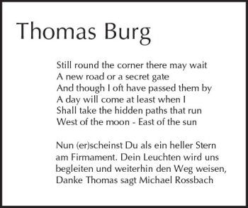 Traueranzeige von Thomas Burg von Trauerportal Rhein Main Presse