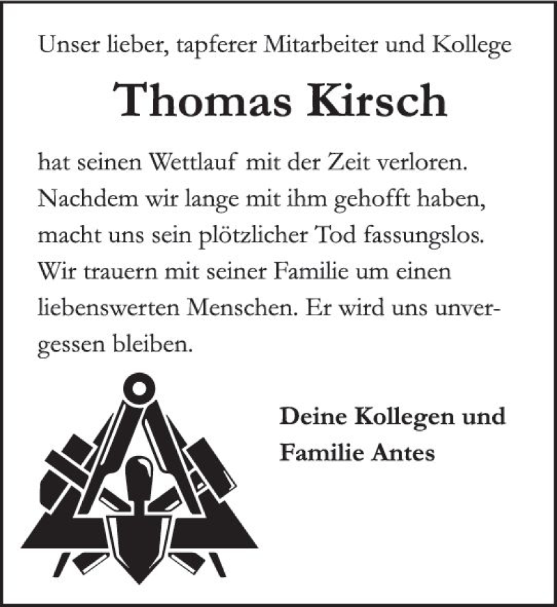  Traueranzeige für Thomas Kirsch vom 09.05.2018 aus Trauerportal Rhein Main Presse