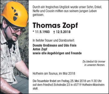 Traueranzeige von Thomas Zopf von Trauerportal Rhein Main Presse
