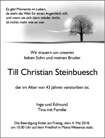 Traueranzeige von Till Christian Steinbuesch von Trauerportal Rhein Main Presse