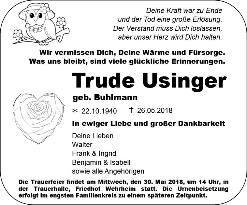  Traueranzeige für Trude Usinger vom 29.05.2018 aus  Usinger Anzeiger