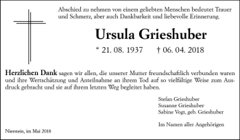Traueranzeige von Ursula Grieshuber von Trauerportal Rhein Main Presse