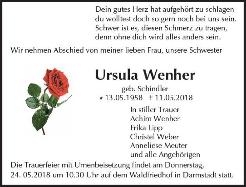  Traueranzeige für Ursula Wenher vom 19.05.2018 aus Trauerportal Rhein Main Presse