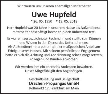 Traueranzeige von Uwe Hupfeld von  Gießener Anzeiger