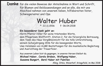 Traueranzeige von Walter Huber von Trauerportal Rhein Main Presse