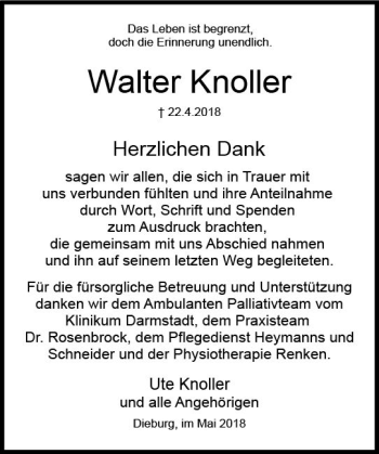 Traueranzeige von Walter Knoller von Trauerportal Rhein Main Presse