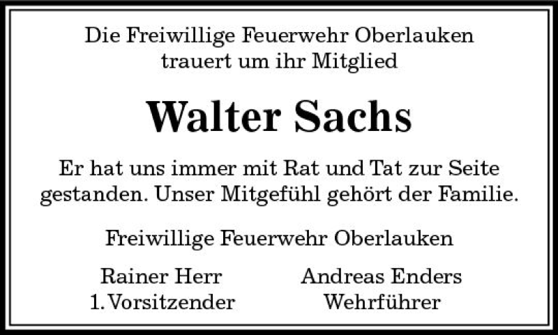  Traueranzeige für Walter Sachs vom 02.05.2018 aus  Usinger Anzeiger