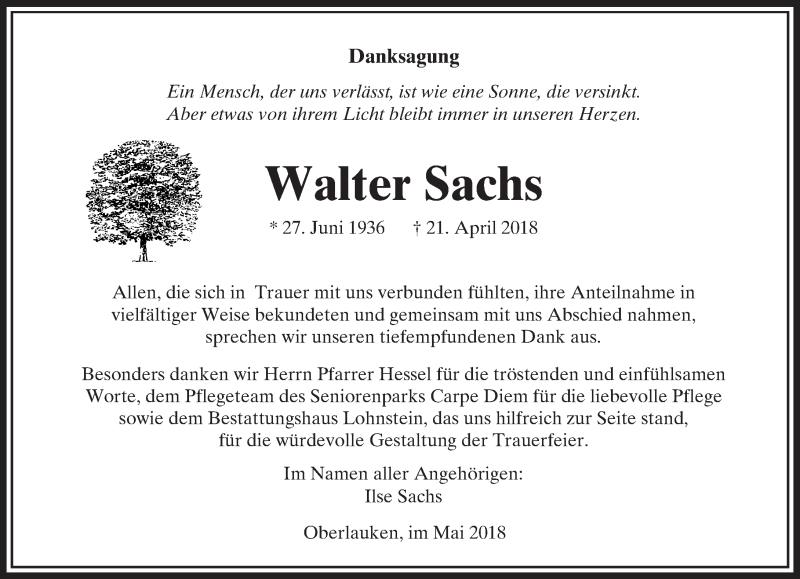  Traueranzeige für Walter Sachs vom 19.05.2018 aus  Usinger Anzeiger