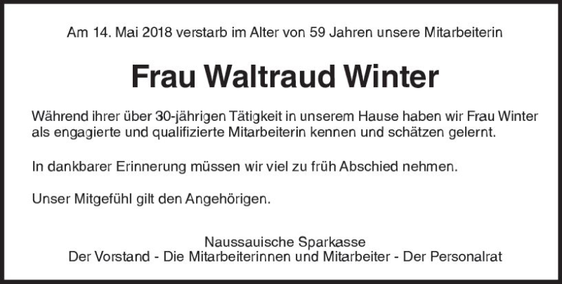  Traueranzeige für Waltraud Winter vom 29.05.2018 aus Trauerportal Rhein Main Presse