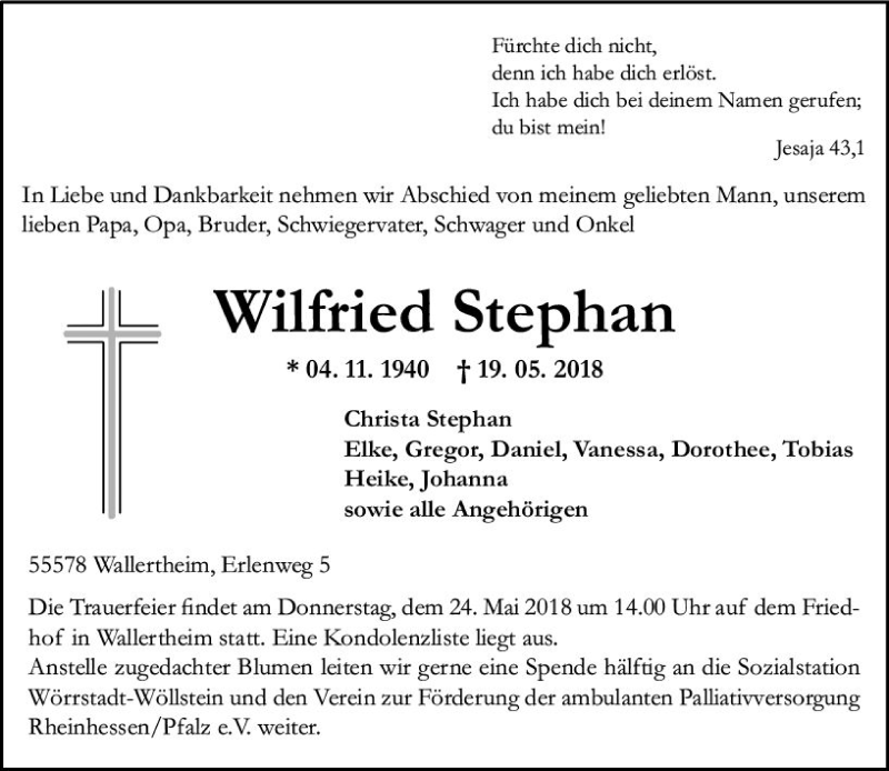  Traueranzeige für Wilfried Stephan vom 22.05.2018 aus Trauerportal Rhein Main Presse